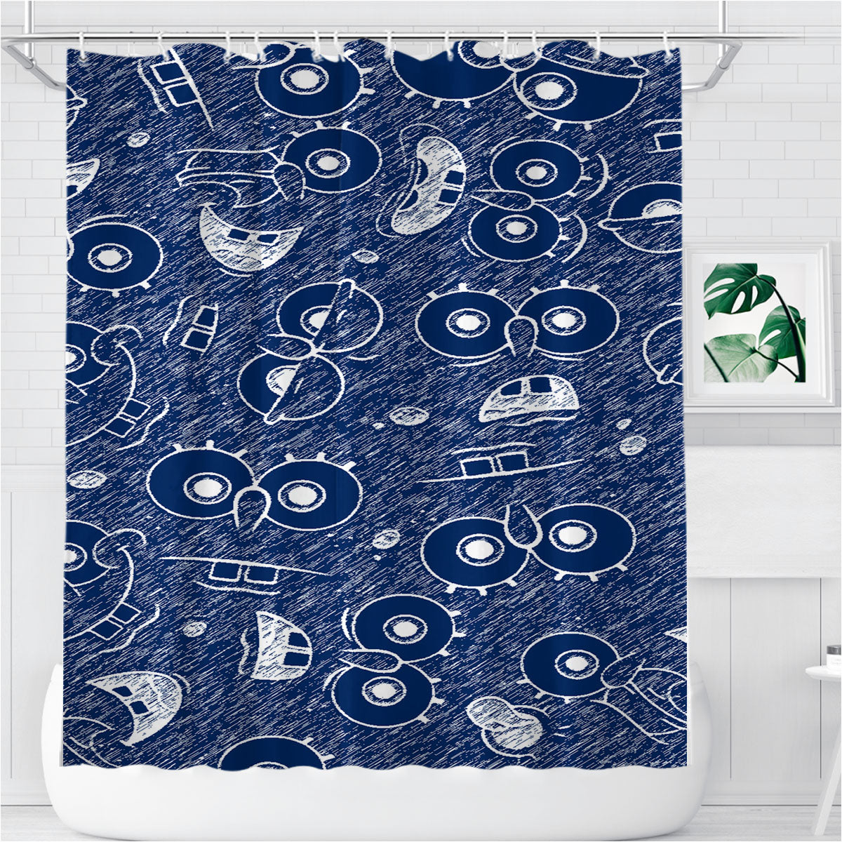 Spongbob Face Pattern Navy Bathroom Shower Curtain Fabric Waterproof | 66 X 72 Inch