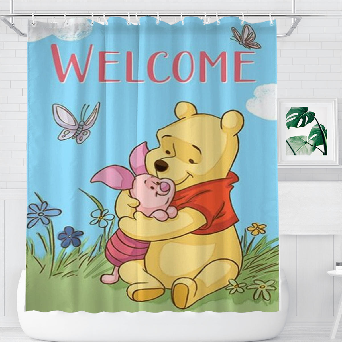 Spring Welcome Winnie The Pooh Bathroom Shower Curtain Fabric Waterproof | 66 X 72 Inch