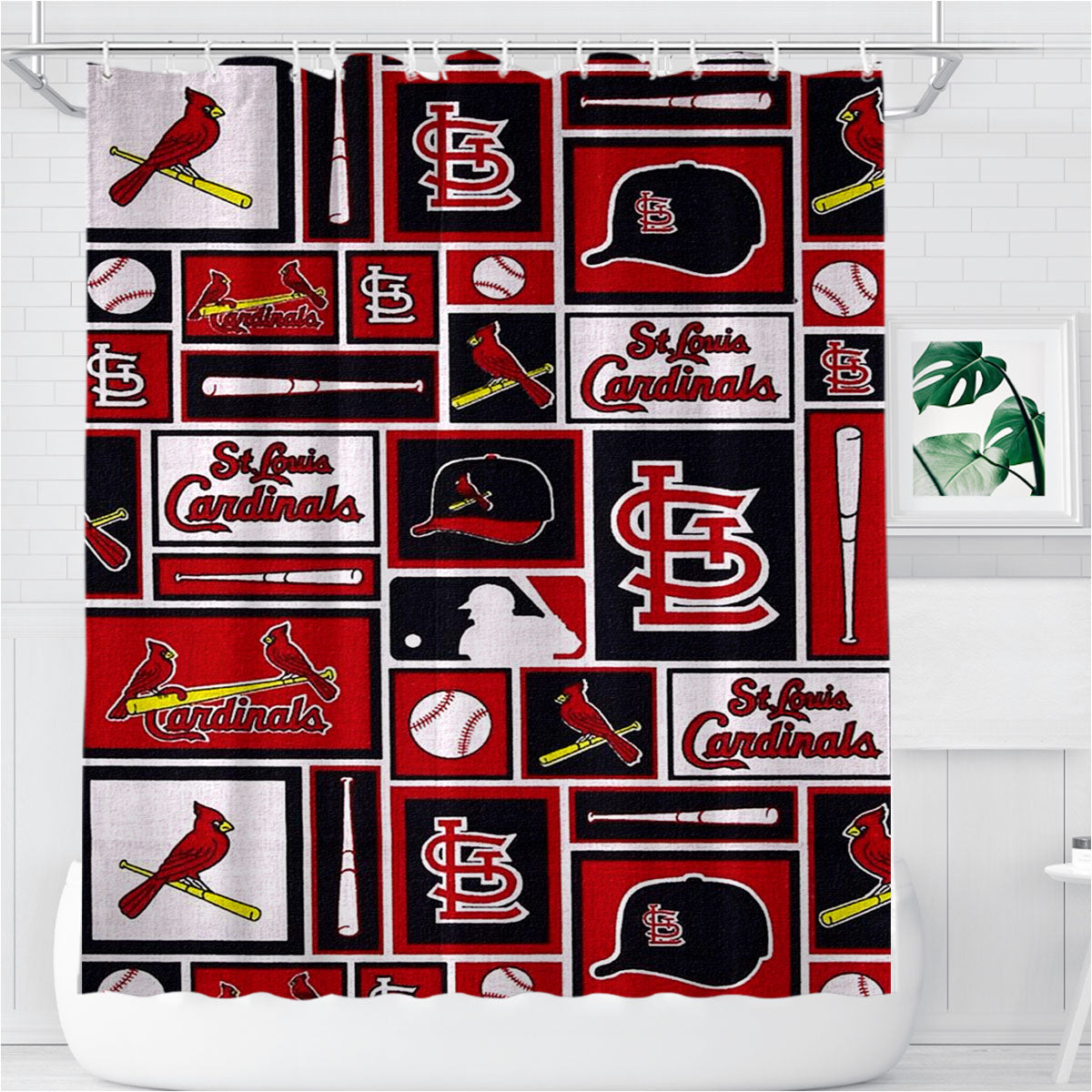 St Louis Cardinals Baseball Doodle Logo Bathroom Shower Curtain Fabric Waterproof | 66 X 72 Inch