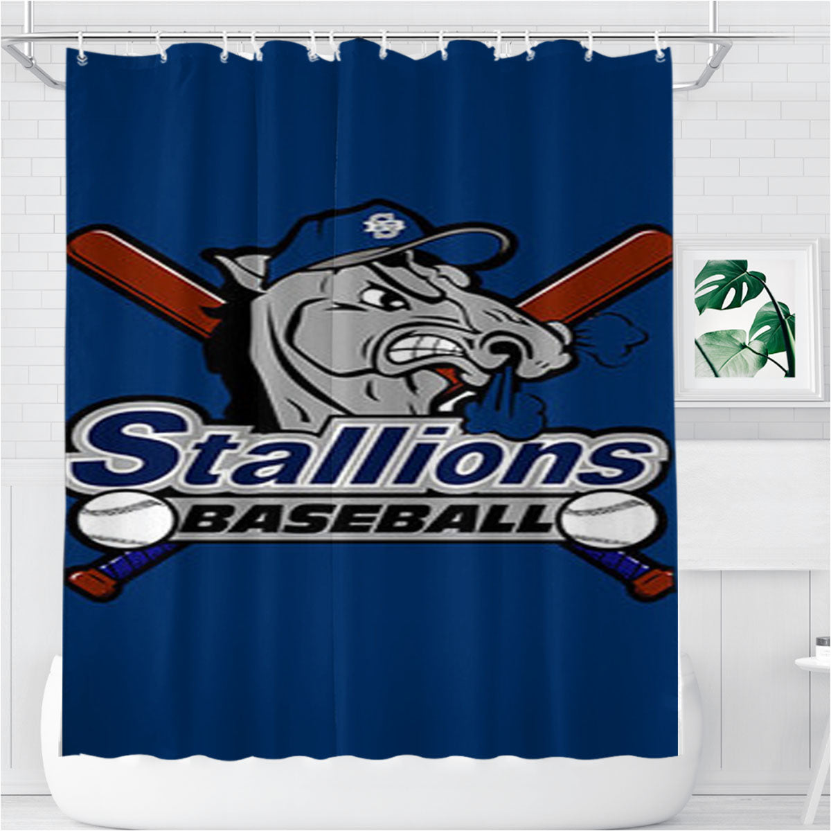 Stallions Baseball Logo Blue Bathroom Shower Curtain Fabric Waterproof | 66 X 72 Inch