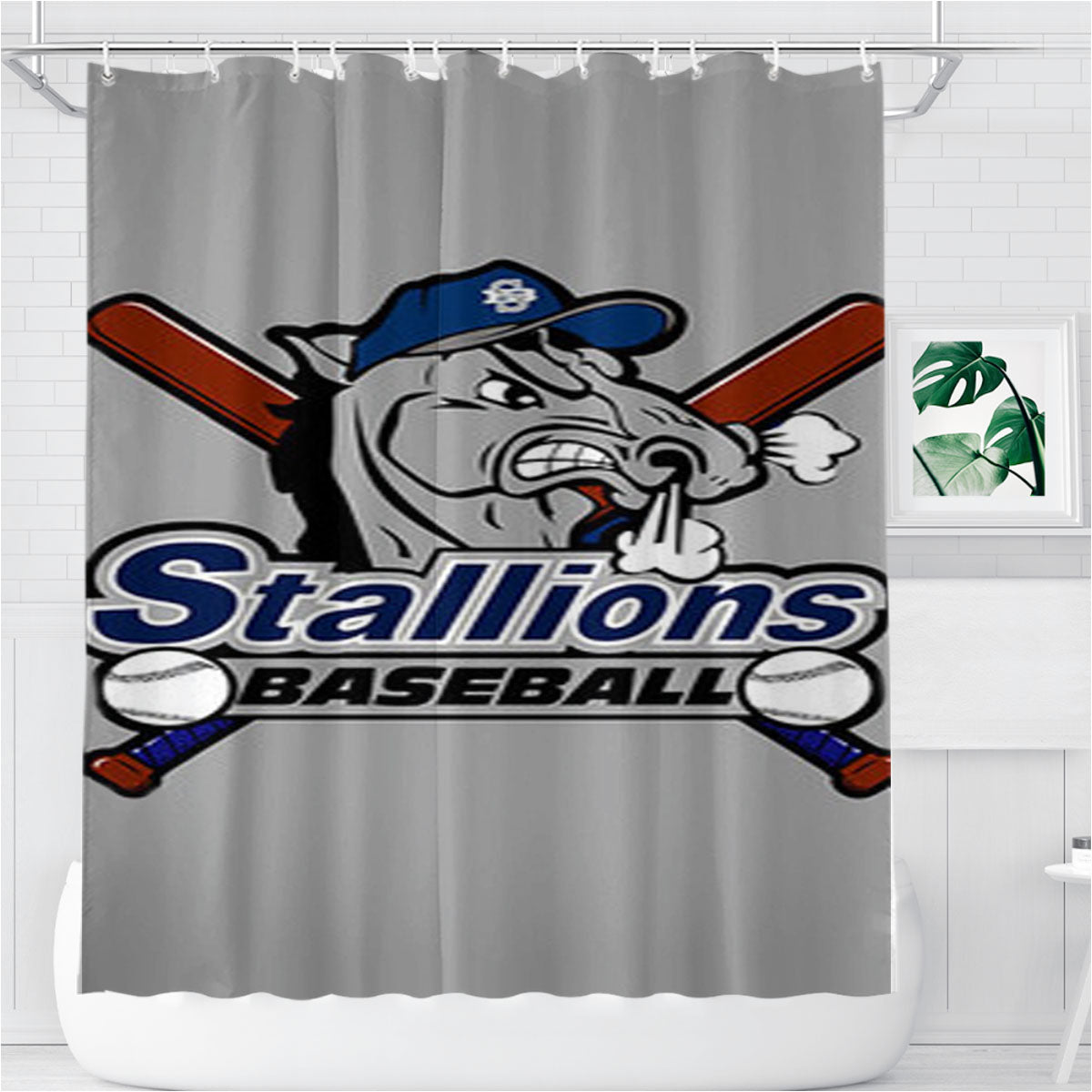 Stallions Baseball Logo Gray Bathroom Shower Curtain Fabric Waterproof | 66 X 72 Inch