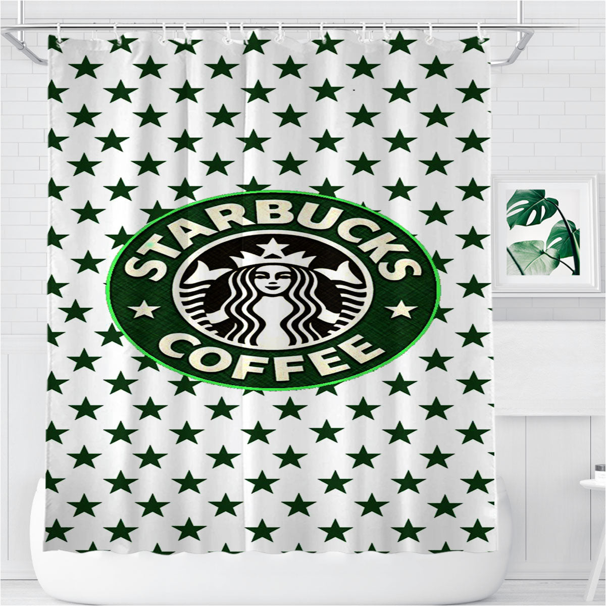 Starbucks Coffee Green Star Pattern Bathroom Shower Curtain Fabric Waterproof | 66 X 72 Inch