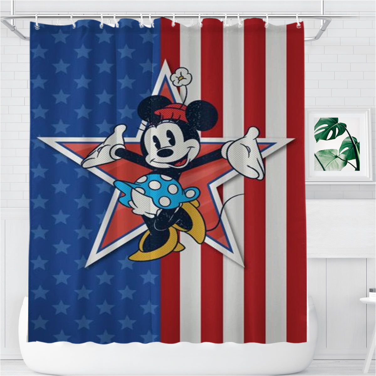 Stars And Stripes Minnie Bathroom Shower Curtain Fabric Waterproof | 66 X 72 Inch