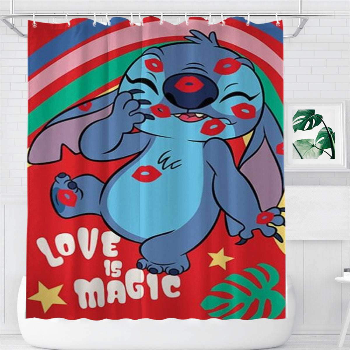 Stitch Love Kisses Bathroom Shower Curtain Fabric Waterproof | 66 X 72 Inch