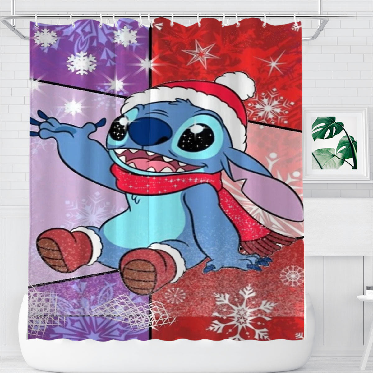 Stitch Red Christmas Bathroom Shower Curtain Fabric Waterproof | 66 X 72 Inch