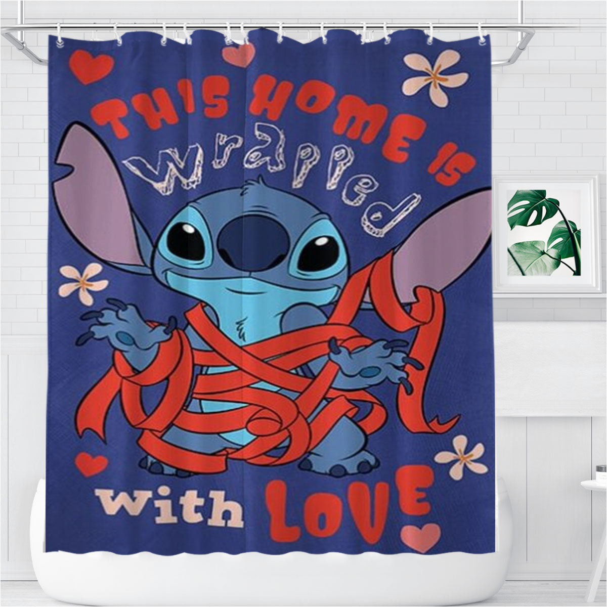 Stitch Wrapped With Love Bathroom Shower Curtain Fabric Waterproof | 66 X 72 Inch