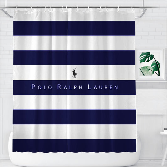 Stripe White Blue Polo Ralph Lauren Logo Bathroom Shower Curtain Fabric Waterproof | 66 X 72 Inch