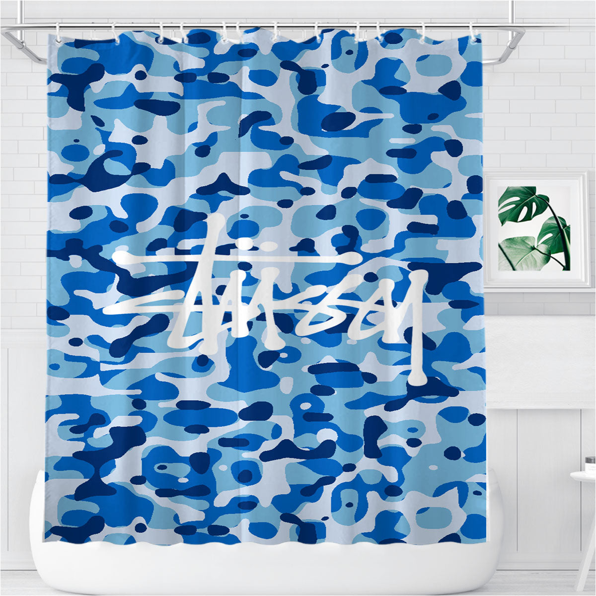 Stussy Bape Camouflage Blue Bathroom Shower Curtain Fabric Waterproof | 66 X 72 Inch
