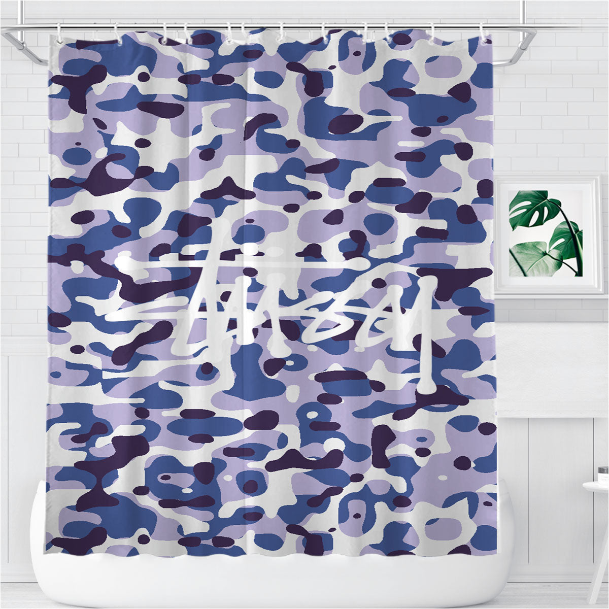 Stussy Bape Camouflage Blue Purple Bathroom Shower Curtain Fabric Waterproof | 66 X 72 Inch