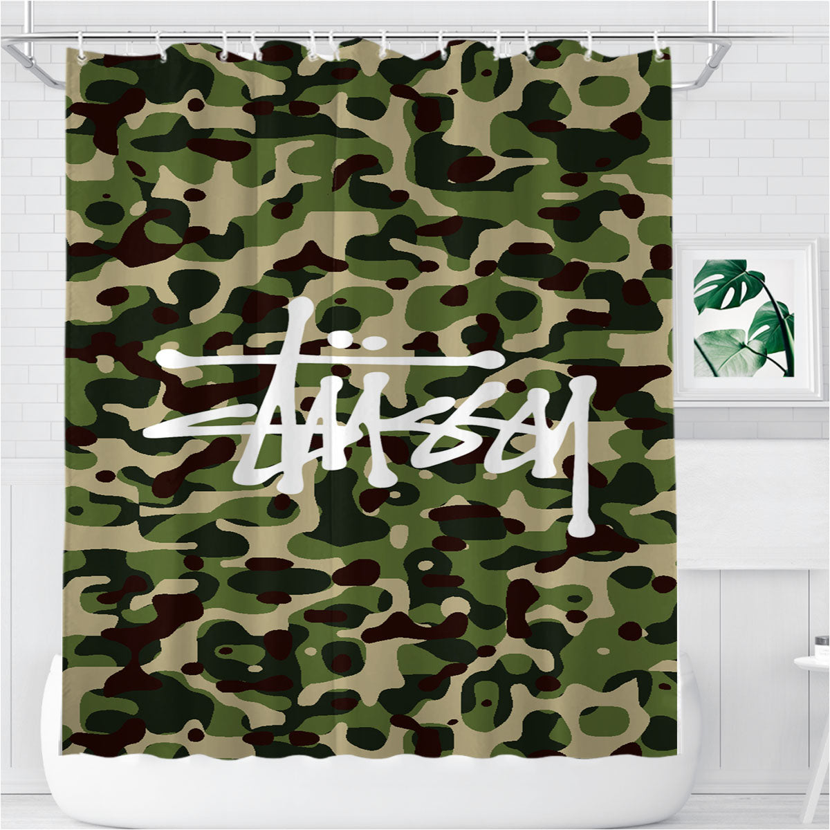 Stussy Bape Camouflage Green Bathroom Shower Curtain Fabric Waterproof | 66 X 72 Inch