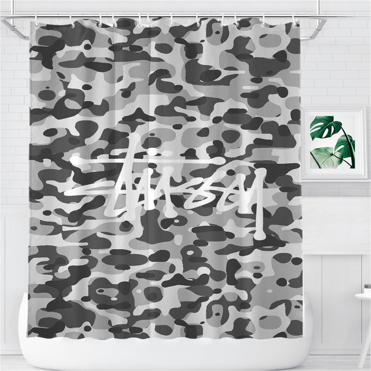 Stussy Bape Camouflage Grey Bathroom Shower Curtain Fabric Waterproof | 66 X 72 Inch