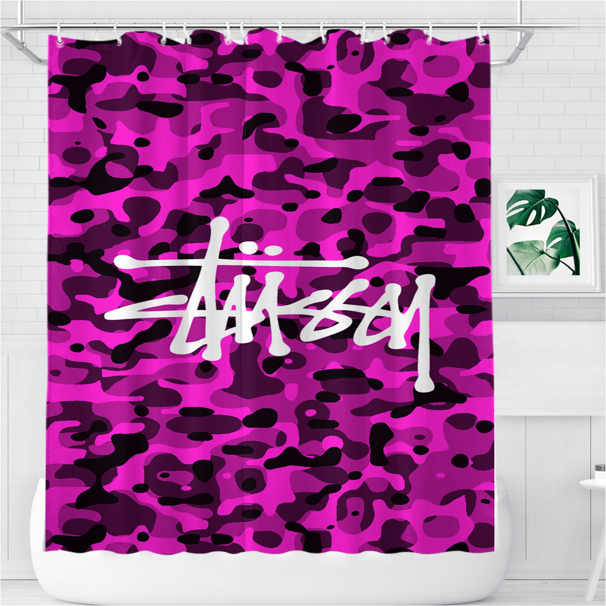 Stussy Bape Camouflage Purple Bathroom Shower Curtain Fabric Waterproof | 66 X 72 Inch