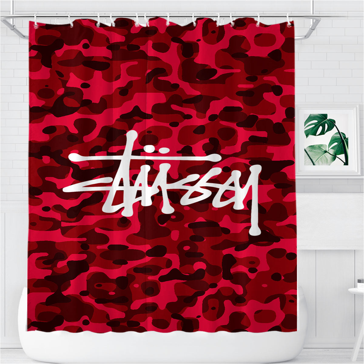 Stussy Bape Camouflage Red Bathroom Shower Curtain Fabric Waterproof | 66 X 72 Inch