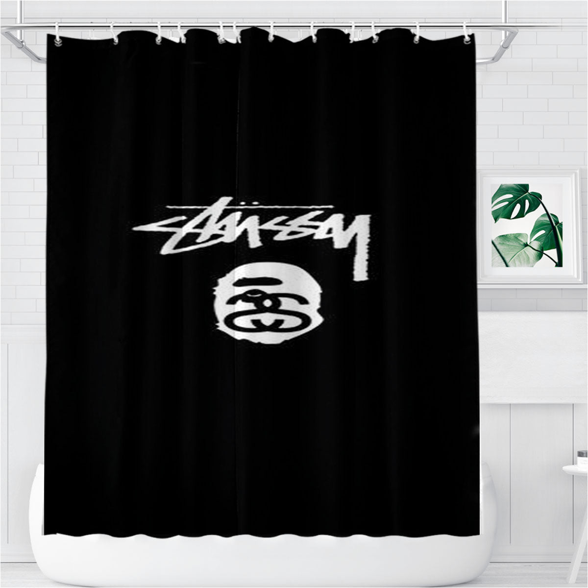 Stussy X Bape Logo Black Bathroom Shower Curtain Fabric Waterproof | 66 X 72 Inch