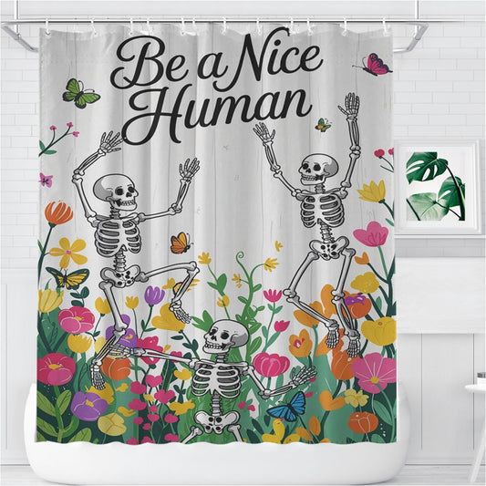 Summer Floral Skeletons Bathroom Shower Curtain Fabric Waterproof