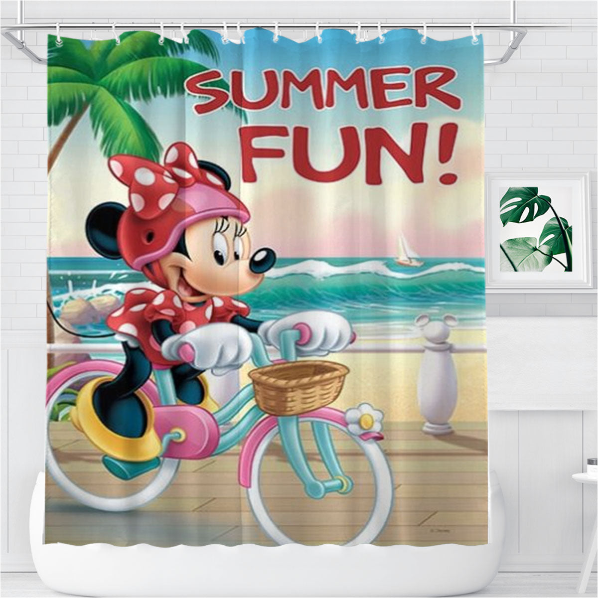 Summer Fun Bicycle Minnie Bathroom Shower Curtain Fabric Waterproof | 66 X 72 Inch