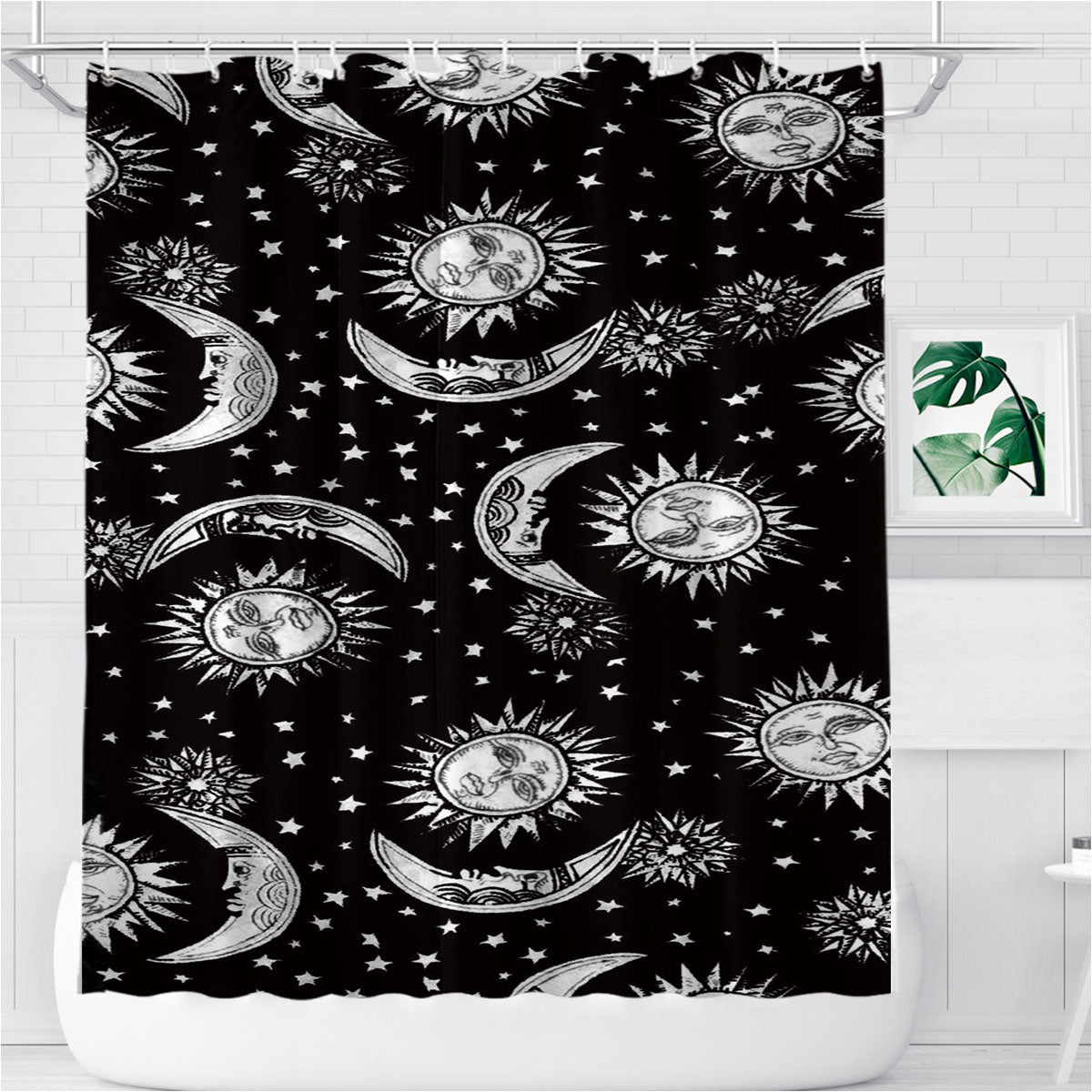 Sun And Moon Black White Pattern Bathroom Shower Curtain Fabric Waterproof | 66 X 72 Inch
