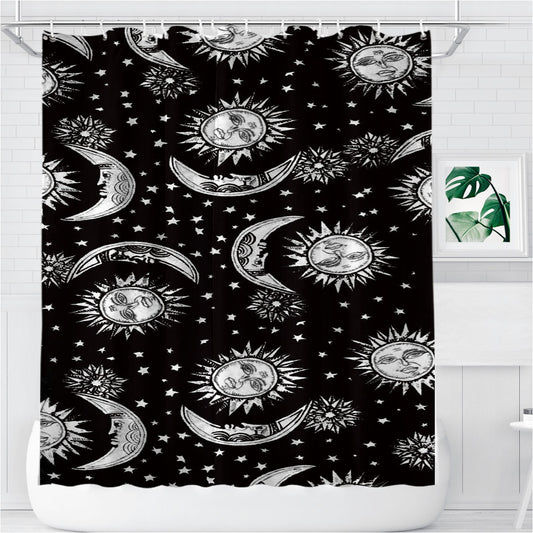 Sun And Moon Black White Pattern Bathroom Shower Curtain Fabric Waterproof | 66 X 72 Inch