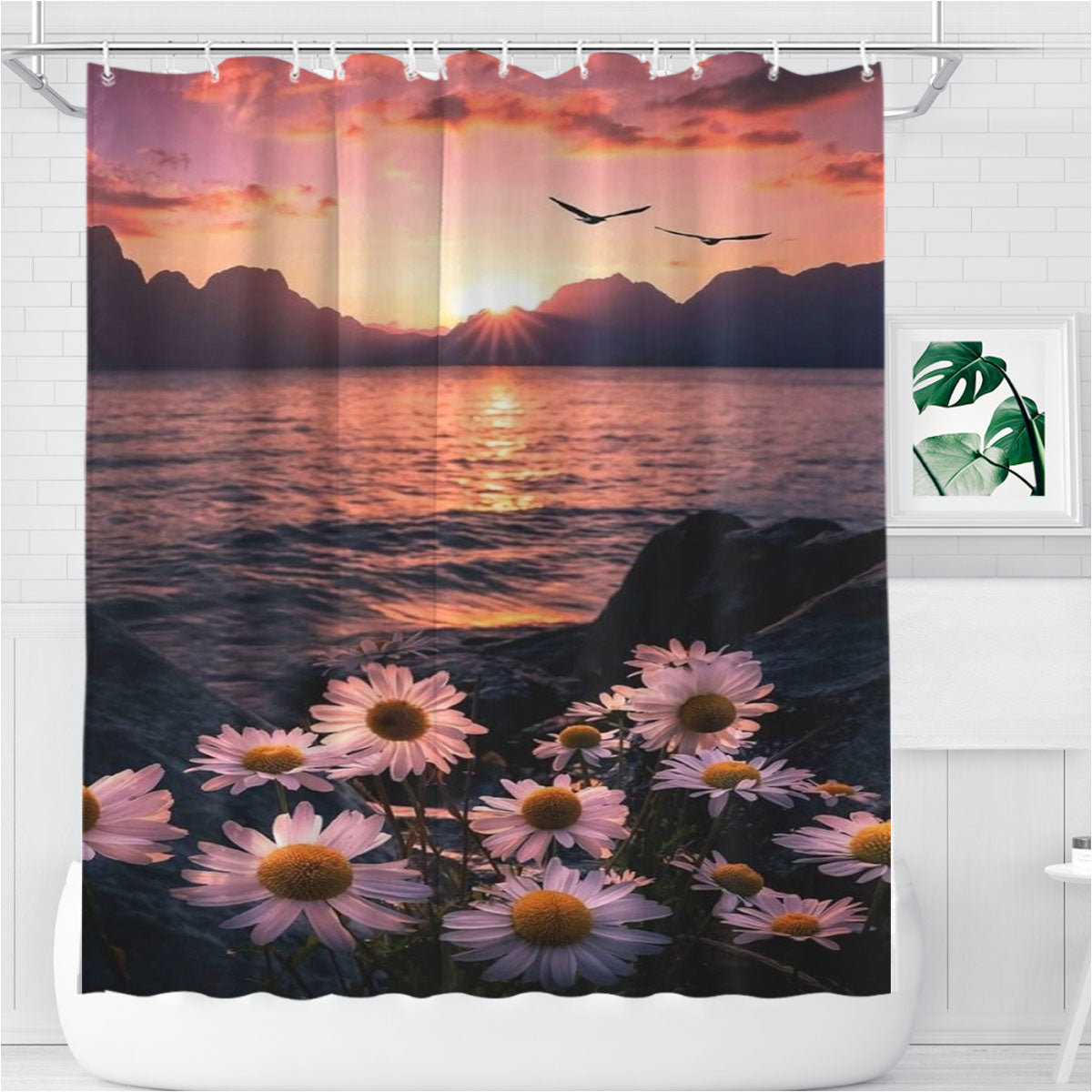 Sunset And Flowers Bathroom Shower Curtain Fabric Waterproof | 66 X 72 Inch