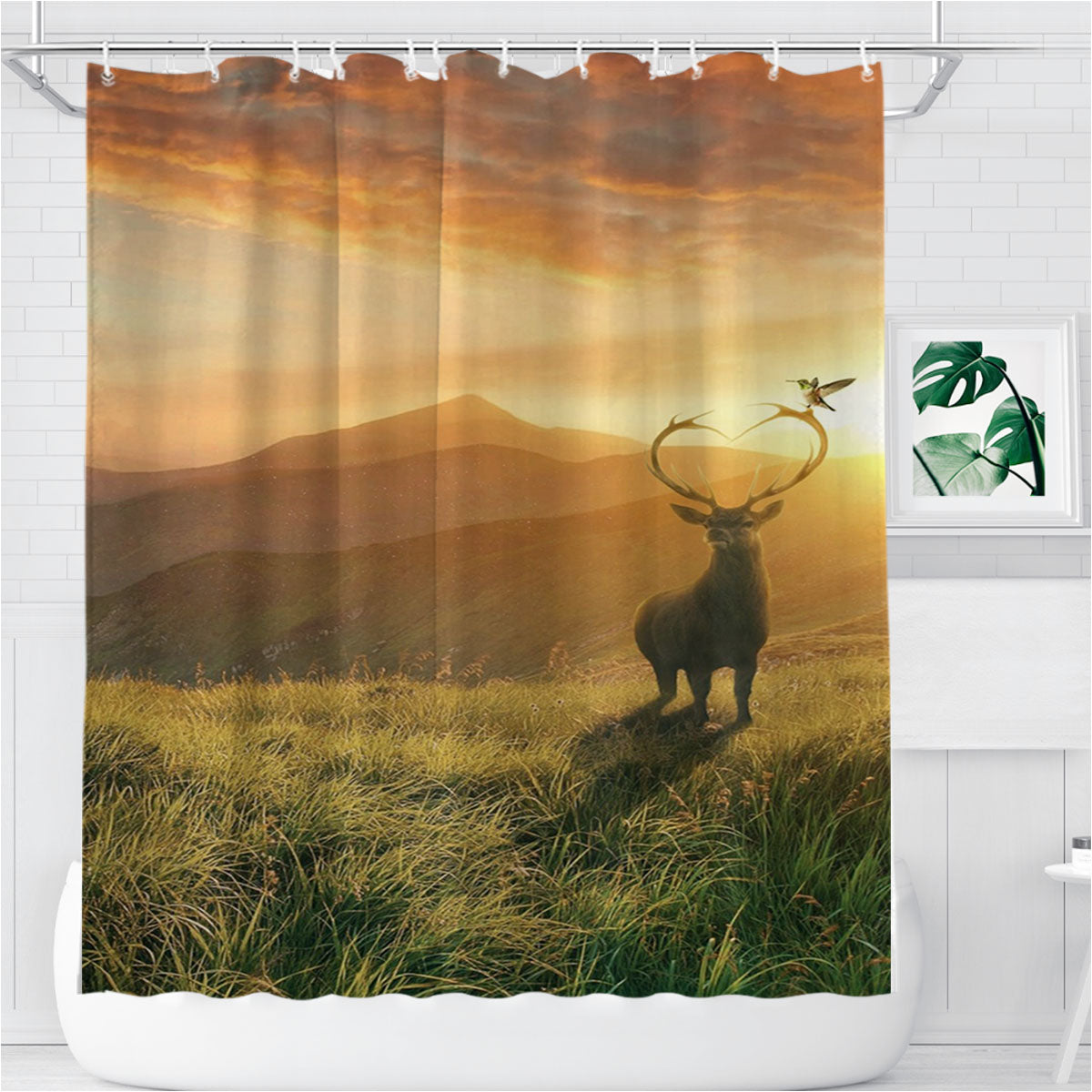 Sunset Deer Mountains Bathroom Shower Curtain Fabric Waterproof | 66 X 72 Inch