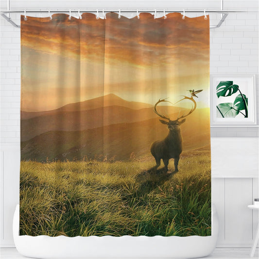 Personalized Sunset Deer Mountains Shower Curtain Farmhouse Bathroom Decor