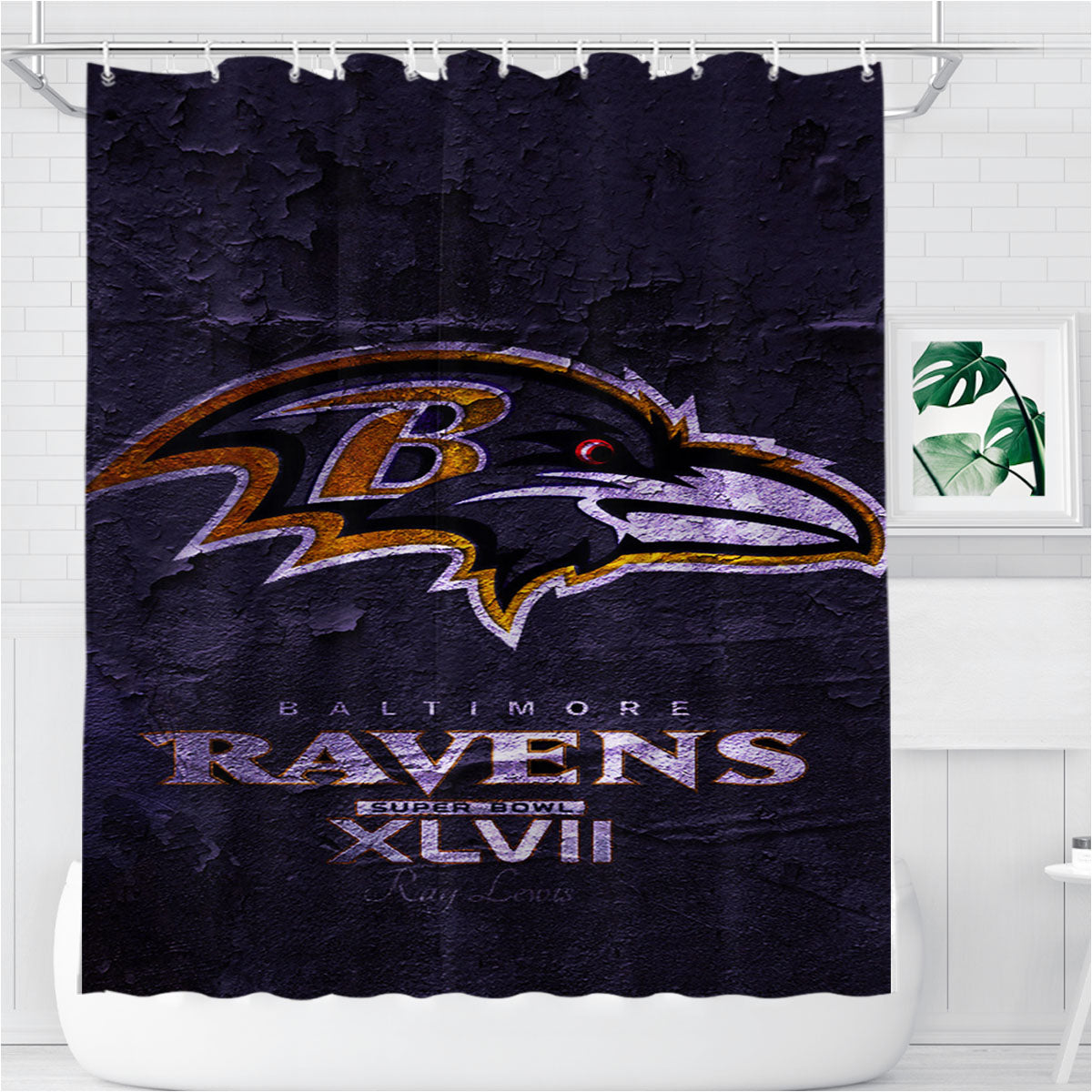 Super Bowl 2013 Baltimore Ravens Wallpaper Bathroom Shower Curtain Fabric Waterproof | 66 X 72 Inch
