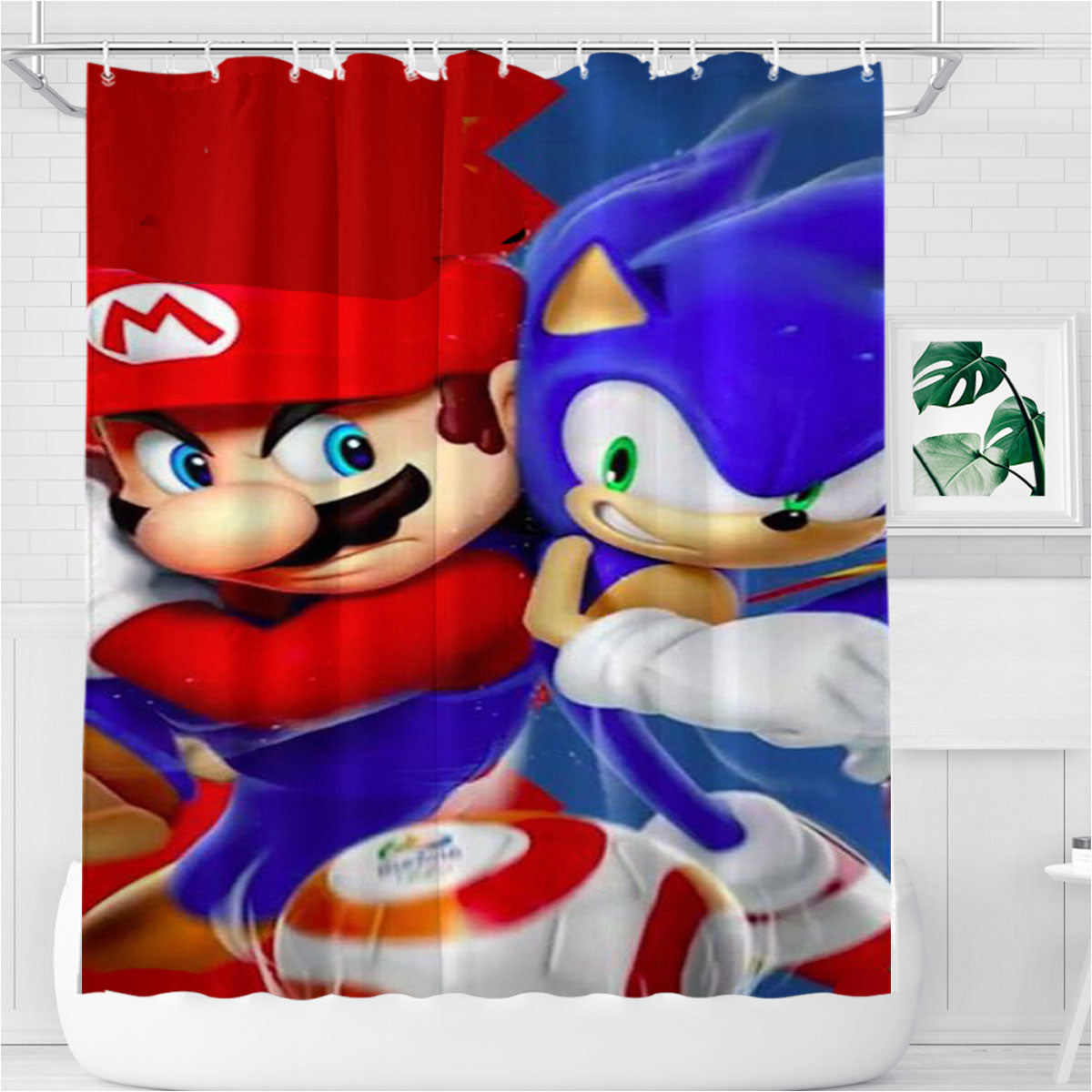 Super Mario And Sonic Game Bathroom Shower Curtain Fabric Waterproof | 66 X 72 Inch