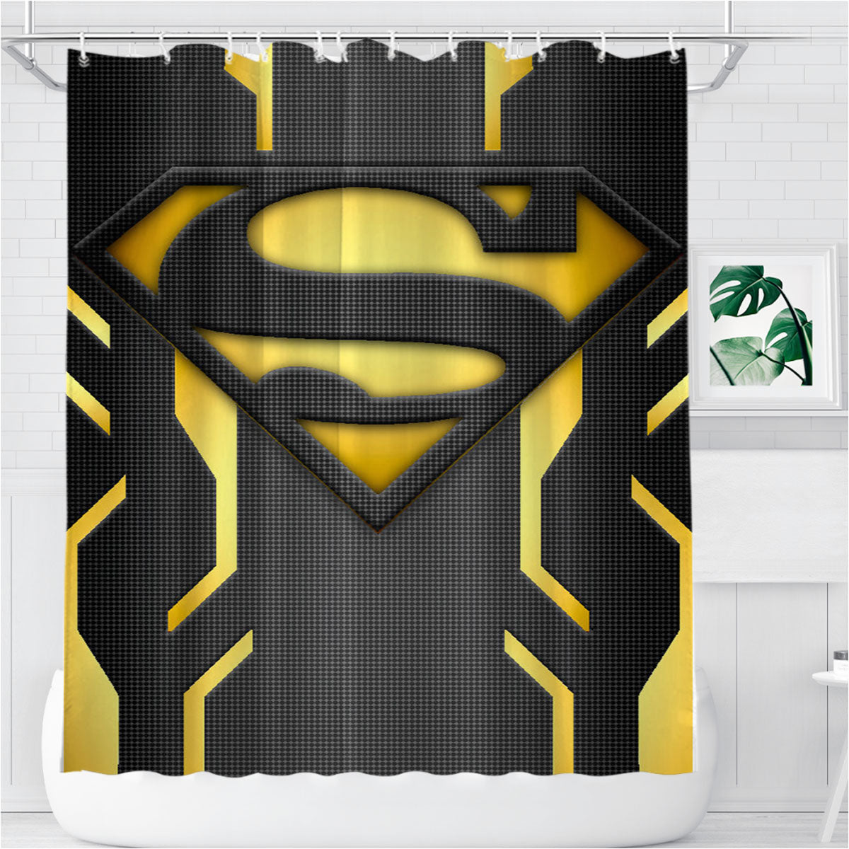 Superman Power Suit Black Gold Logo Bathroom Shower Curtain Fabric Waterproof | 66 X 72 Inch