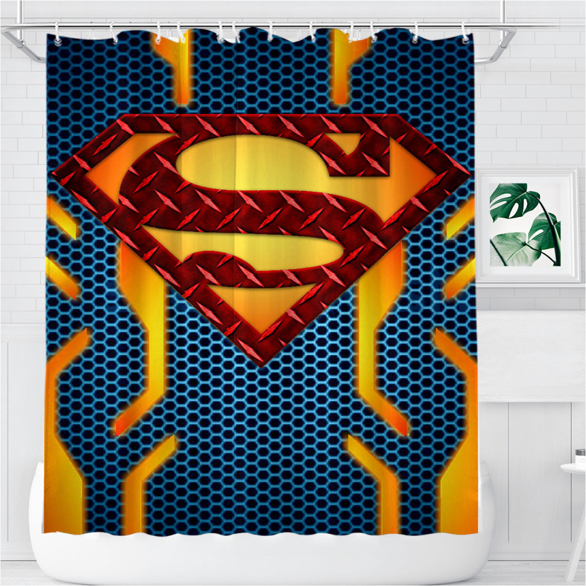 Superman Power Suit Blue Gold Logo Bathroom Shower Curtain Fabric Waterproof | 66 X 72 Inch