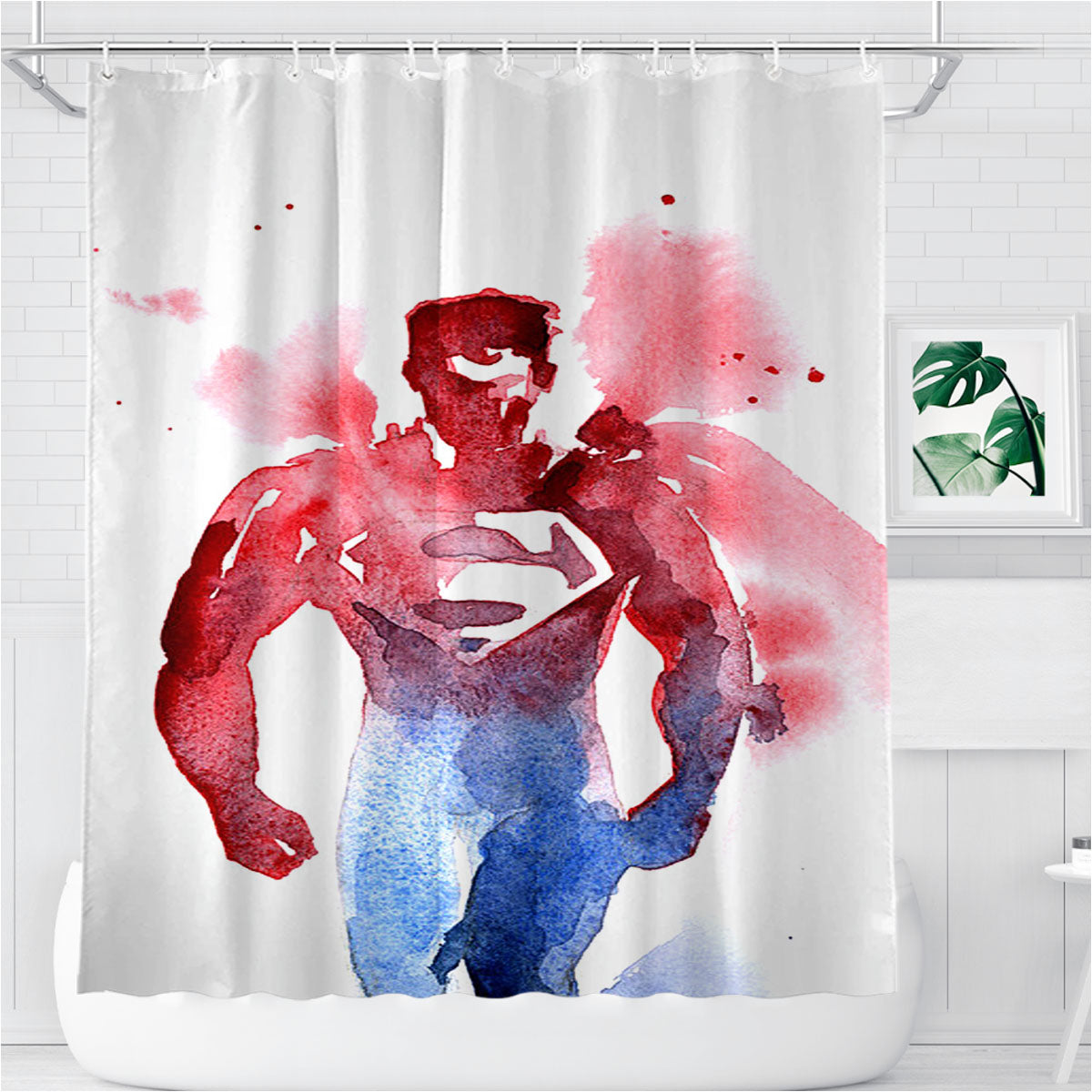 Superman Watercolor Painting Bathroom Shower Curtain Fabric Waterproof | 66 X 72 Inch