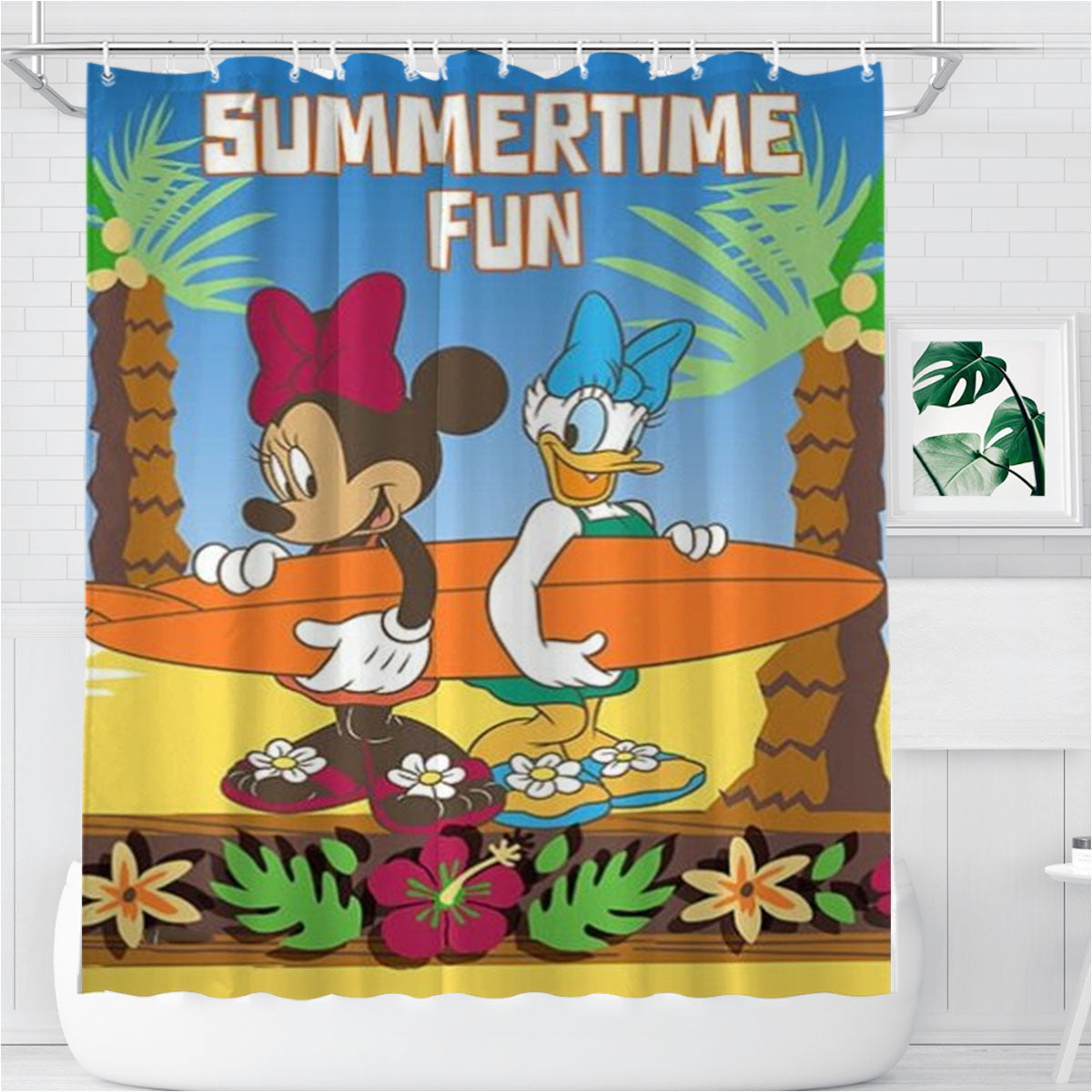 Surfergirls Minnie And Daisy Bathroom Shower Curtain Fabric Waterproof | 66 X 72 Inch