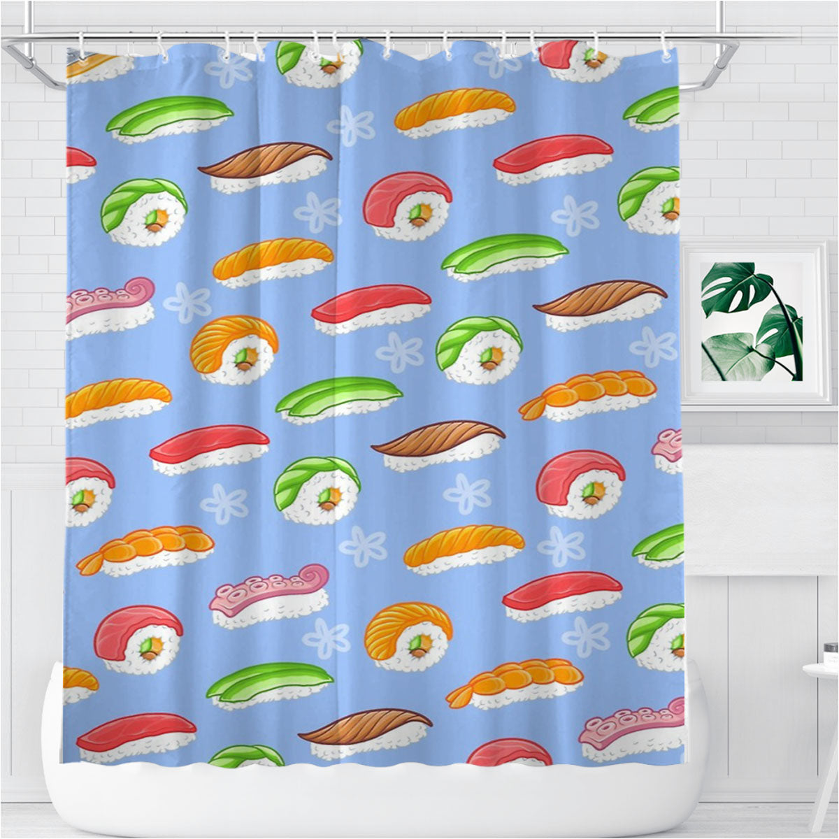 Sushi Blue Pattern Bathroom Shower Curtain Fabric Waterproof | 66 X 72 Inch