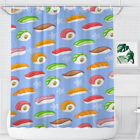 Personalized Sushi Blue Pattern Shower Curtain Farmhouse Bathroom Decor