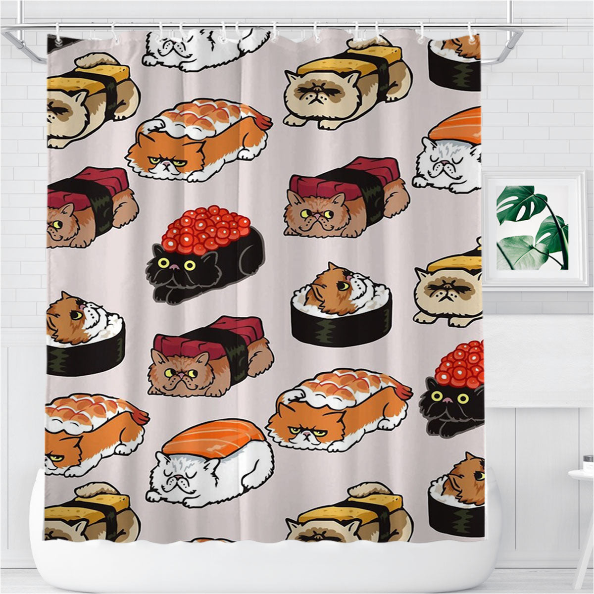 Sushi Persian Cat Cute Pattern Bathroom Shower Curtain Fabric Waterproof | 66 X 72 Inch