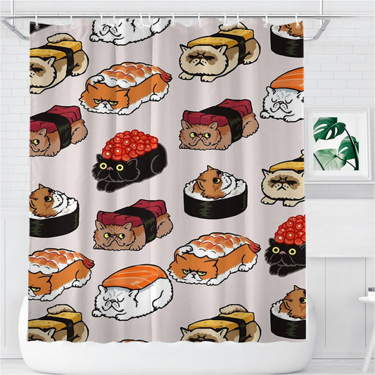 Personalized Sushi Persian Cat Cute Pattern Shower Curtain Farmhouse Bathroom Decor