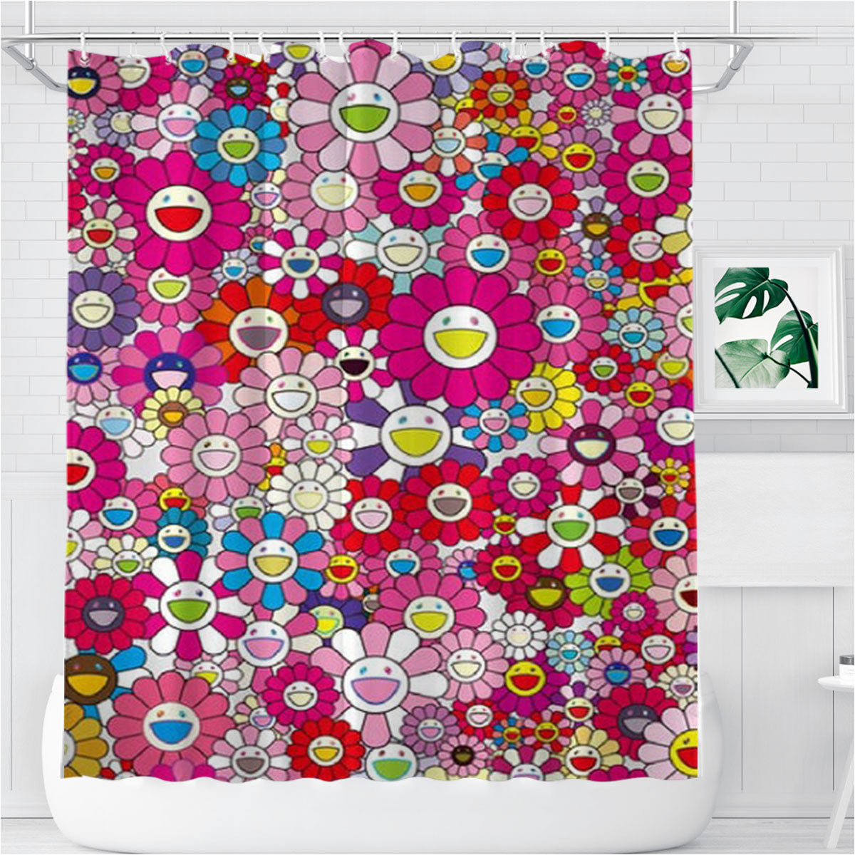Takashi Murakami Flowers Pink Bathroom Shower Curtain Fabric Waterproof | 66 X 72 Inch