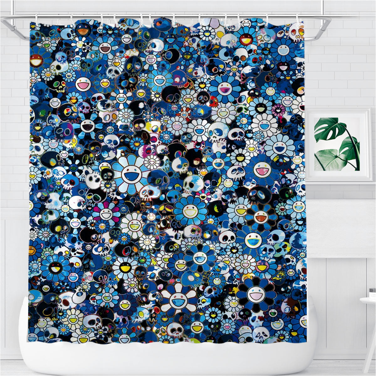 Takashi Murakami Murakami Blue Flower And Skulls Bathroom Shower Curtain Fabric Waterproof | 66 X 72 Inch