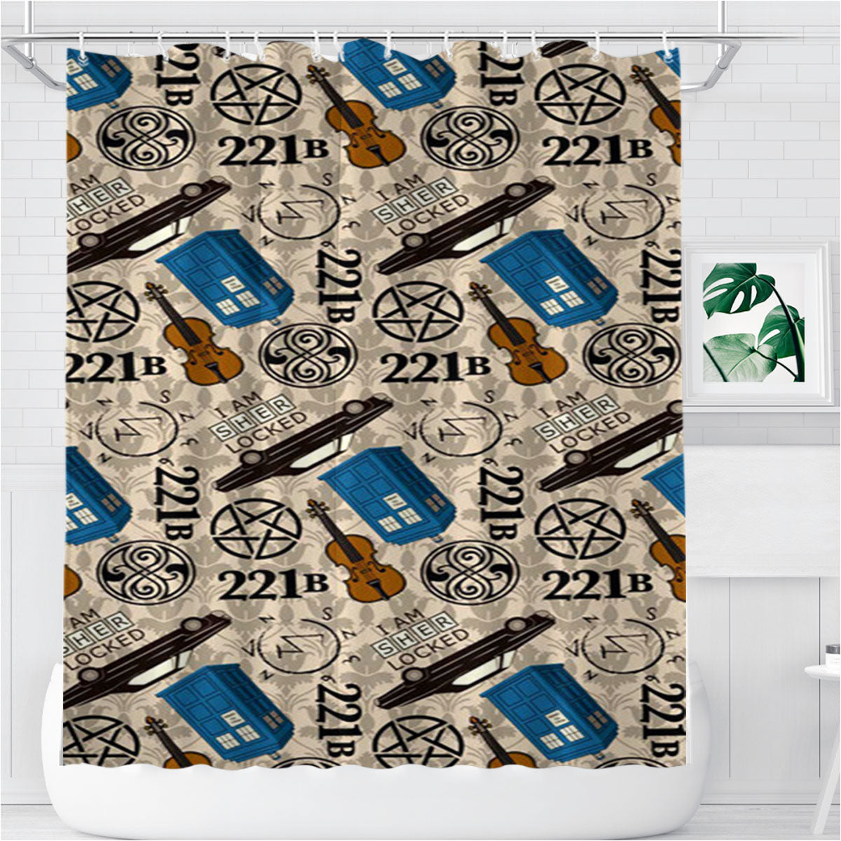 Tardis Sherlock Pattern Bathroom Shower Curtain Fabric Waterproof | 66 X 72 Inch