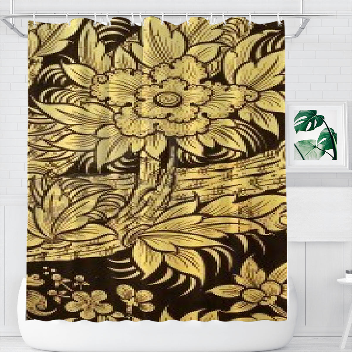 Thai Traditional Pattern Bathroom Shower Curtain Fabric Waterproof | 66 X 72 Inch