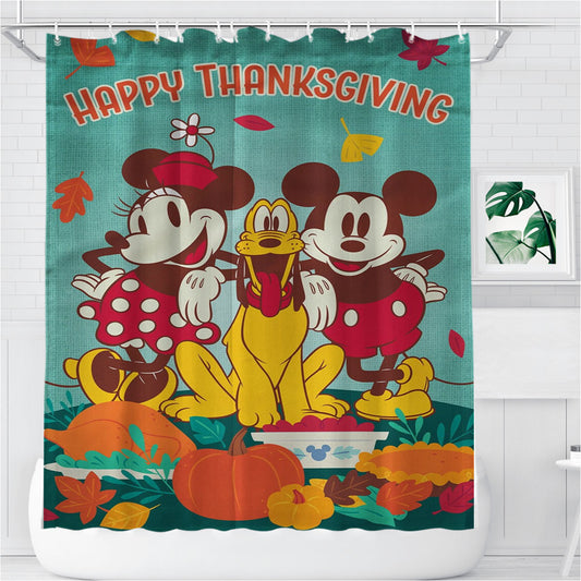 Thanksgiving Feast Mickey Mouse And Minnie Mouse Bathroom Shower Curtain Fabric Waterproof