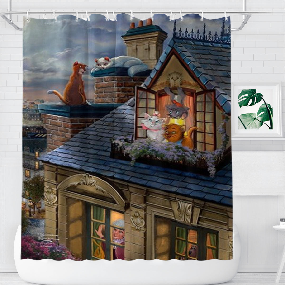 The Aristocats Love Under The Moon Bathroom Shower Curtain Fabric Waterproof | 66 X 72 Inch