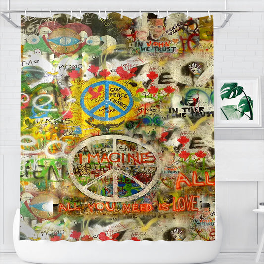 Personalized The Beatles John Lennon Peace Sign Shower Curtain Farmhouse Bathroom Decor