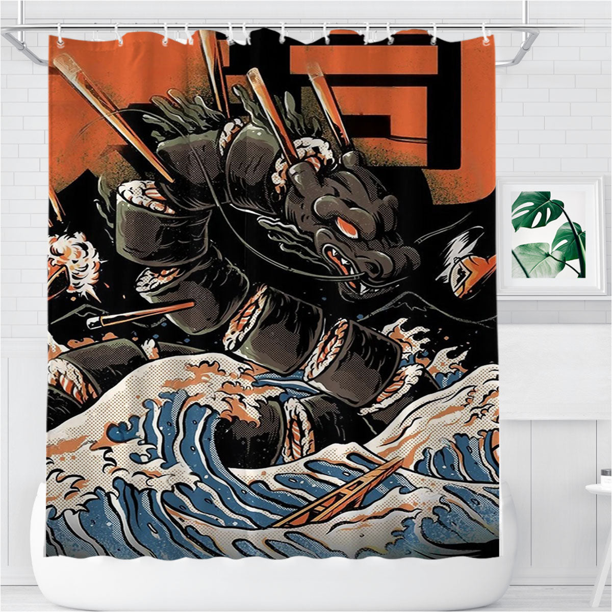 The Black Sushi Dragon Bathroom Shower Curtain Fabric Waterproof | 66 X 72 Inch