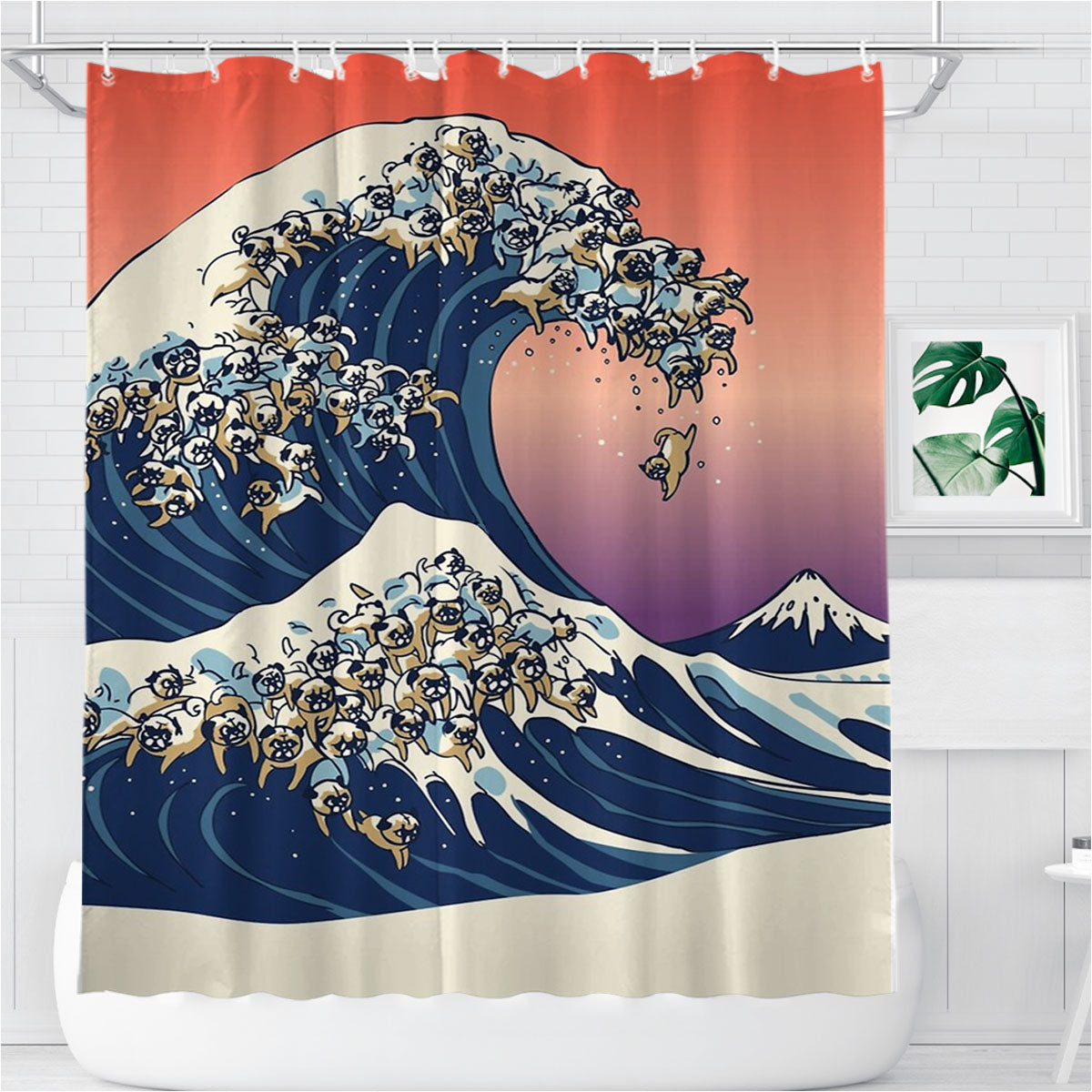 The Great Wave Of Pug Parody Bathroom Shower Curtain Fabric Waterproof | 66 X 72 Inch