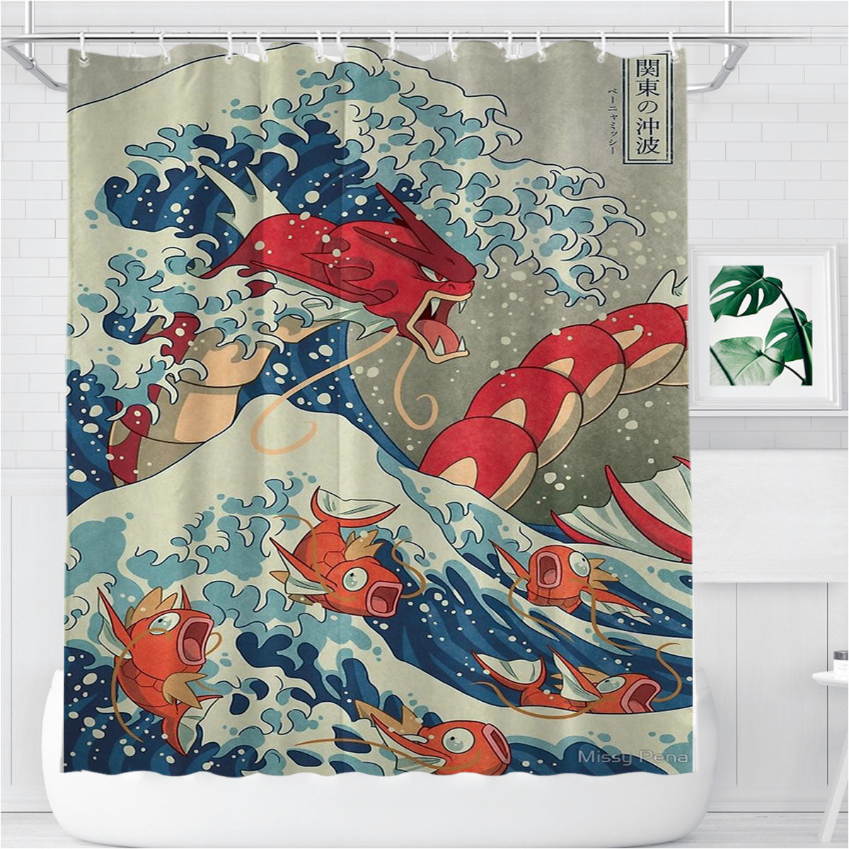 The Great Wave Off Kanto Red Bathroom Shower Curtain Fabric Waterproof | 66 X 72 Inch