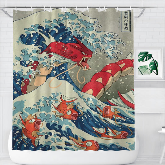 Personalized The Great Wave Off Kanto Red Shower Curtain Farmhouse Bathroom Decor