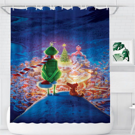 Personalized The Grinch Looking Down On Whoville Shower Curtain Farmhouse Bathroom Decor