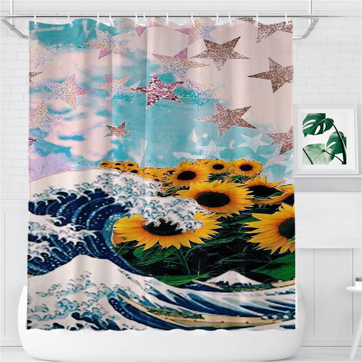 The Waves Sun Flowers And Star Collage Bathroom Shower Curtain Fabric Waterproof | 66 X 72 Inch