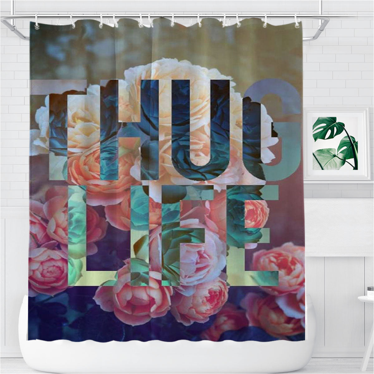 Thug Life Roses Floral Bathroom Shower Curtain Fabric Waterproof | 66 X 72 Inch
