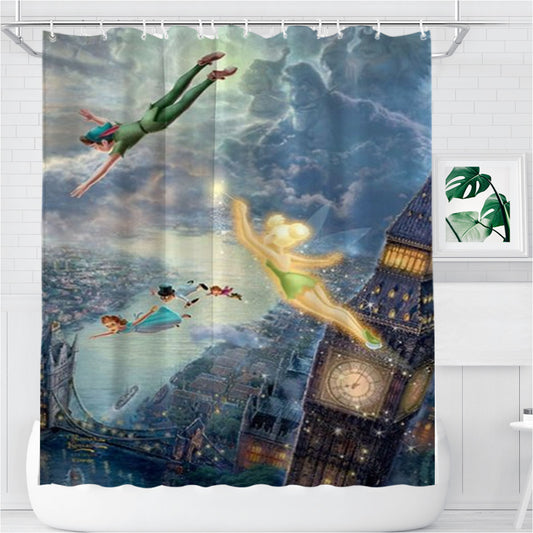 Personalized Tinker Bell And Peter Pan Fly To Never Land Shower Curtain Farmhouse Bathroom Decor